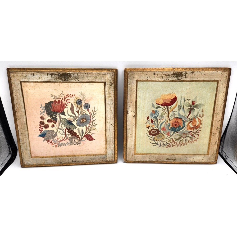 Pair Vintage Florentine Gilt Wood Plaques Floral Scenes Italy Cottagecore
